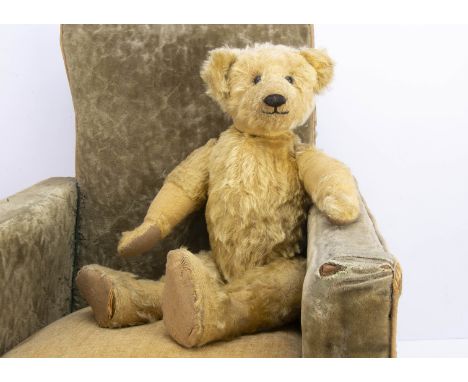 An early teddy bear circa 1910,  probably American with blonde mohair, black boot button eyes, pronounced clipped muzzle, bla