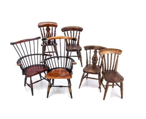 Six reproduction antique teddy bear chairs,  two comb back chairs --15½in. (39.5cm.) height of largest; and four Windsor styl