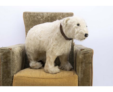 A British standing white mohair polar bear 1930s,  with black boot button eyes, black stitched nose and mouth, on all fours w