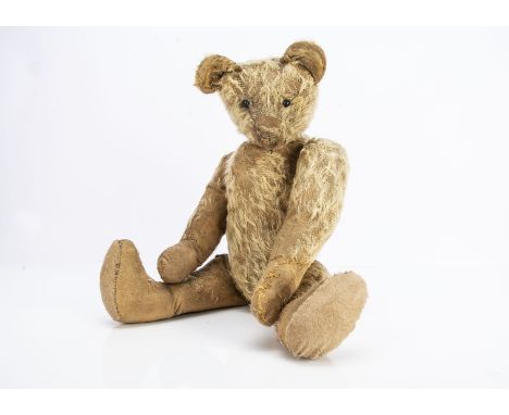 An early British teddy bear,  with blonde, black boot button eyes, pronounced muzzle, swivel head, jointed elongated limbs, h