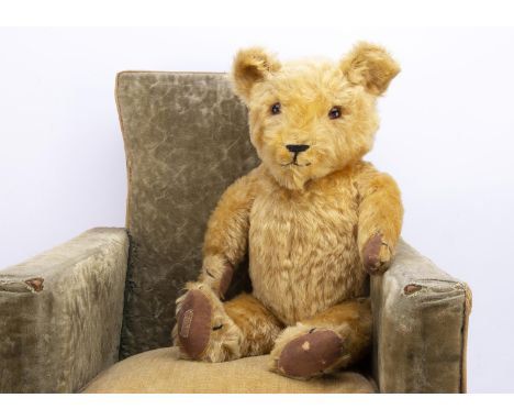 A Chad Valley Magna type teddy bear 1930s,  with golden mohair, orange and black glass eyes, pronounced muzzle, black stitche