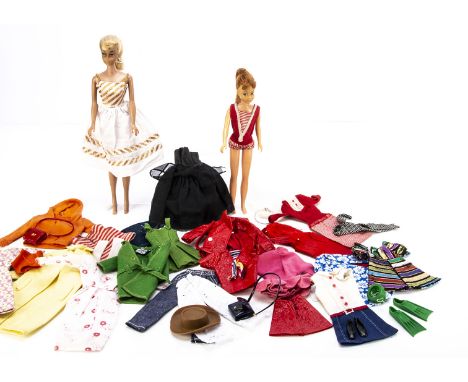 A Mattel Swirl Ponytail Barbie doll,  with blonde hair (greening to ears); a few Barbie  outfits including dress from red She