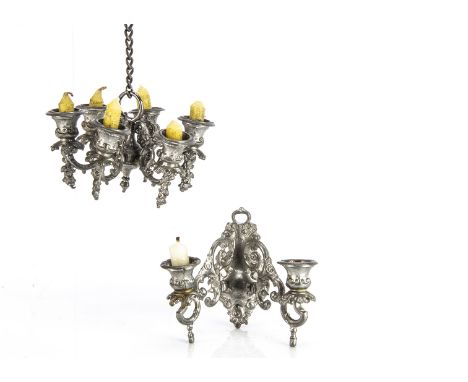 A German cast-metal six-light chandelier,  scrolling decoration with hanging flower and candles —2in. (5cm.) high; and a W.G.