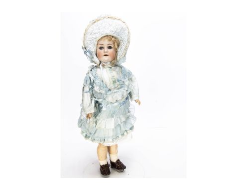 A William Goebel 120 child doll,  with blue sleeping eyes, blonde mohair wig, jointed composition body, pale blue frock with 
