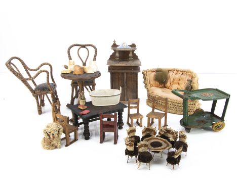 Dolls' house and doll furniture, dolls' house - a pin, cotton and velvet small-scale sitting room set; five country chairs an