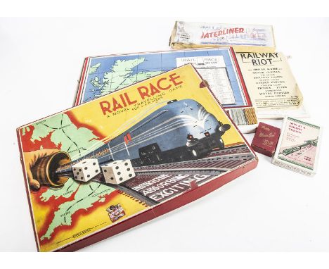 Railway related games,  a Spears Rail Race game with Coronation Scot illustration on lid, three fold board of the UK with six