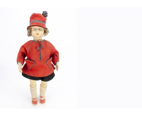 A large pressed felt Lenci doll 1930s,  with blue painted side glancing eyes, red painted mouth, blonde mohair wig, swivel he