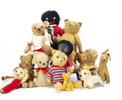 Various soft toys and teddy  bears,  a Russian clockwork bear playing a balalaika --9¾in. (25cm.) high; a 1920s German teddy 