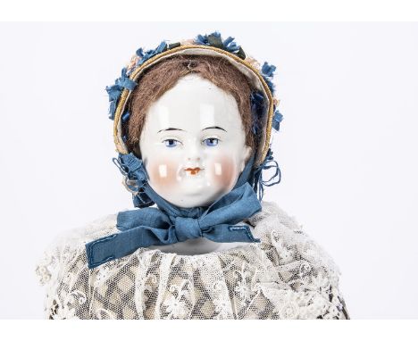 An Alt Beck &amp; Gottschalck china shoulder-head bald wigged doll, with solid domed head, blue painted eyes with white dot h