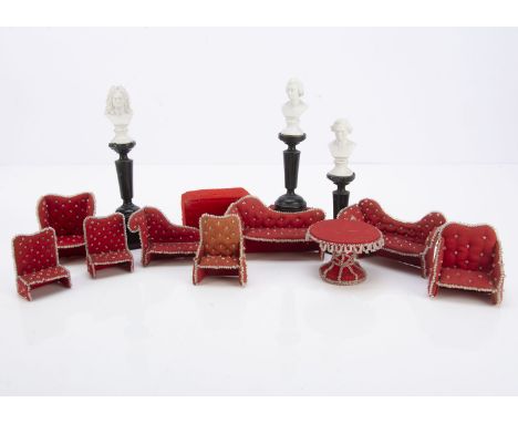 A late 19th century beadwork dolls’ house sitting room set, cardboard covered in red cloth with clear bead decoration compris