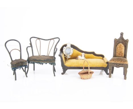 A Waltershausen dolls’ house Gothic chair, with gilt transfer and original light brown velvet upholstery —5in. (13cm.) high (