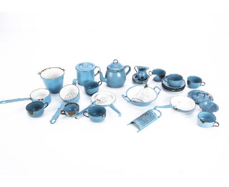 A small quantity of doll's blue enamel kitchen equipment,  including a teapot --3¼in. (8.5cm.) high; cooking equipment, a tea