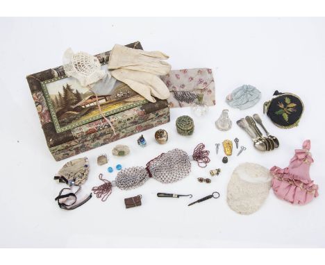 A group of doll’s accessories and collectable items, a doll’s leather purse and two bonnets; a full-size white and red bead m
