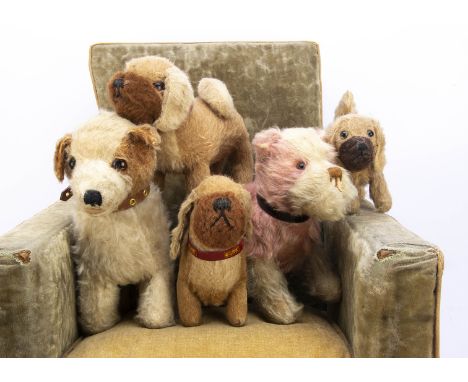 Five British mohair dogs,  a pink and white mohair dog with clear and black glass eyes and brown sttched nose and mouth --10i