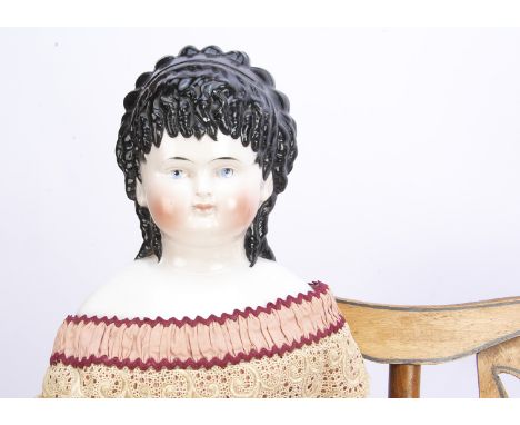 A rare Alt Beck &amp; Gottschalck spill curl china shoulder head doll, with blue painted eyes, white dot highlight, red eyeli