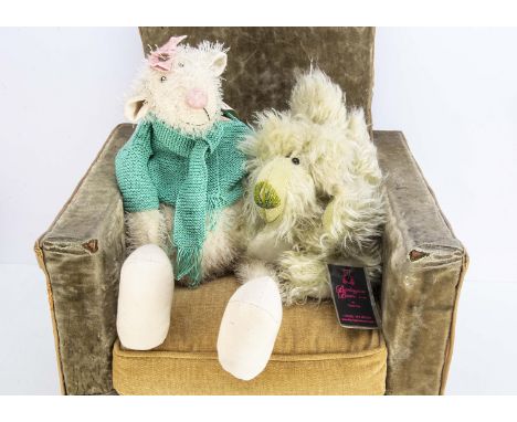 A Katrin Müller artist teddy bear,  Pelle, dressed in green jumper and scraf, signed label 2008 -- 23½in (60cm.) high; and a 