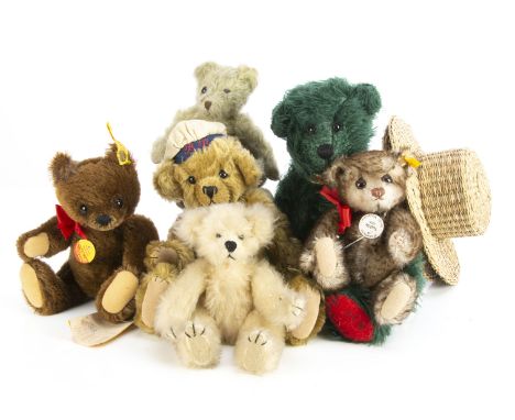 Six teddy bears,  two Steiff yellow tagged teddy bears, a green mohair artist teddy bear--11in. (28cm.) high;  Redditoy Creat