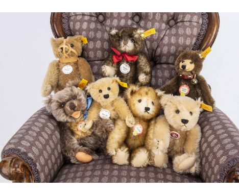 Seven small yellow tag Steiff teddy bears,  including replica Zotty 1951; Teddybär 28 PB; Petsy replica;  historic Maulkorb T