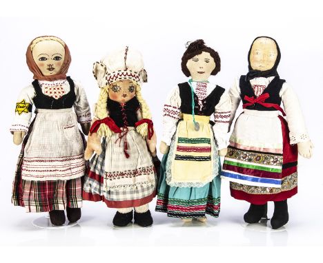 Four Important Polish Bergen-Belsen Concentration Camp 1945 Liberation Red Cross cloth dolls,  a cloth faced doll with painte