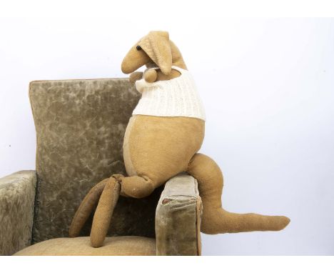 An early British burlap kangaroo, probably circa 1910 with light brown and beige wool burlap, black boot button eyes, pouch, 