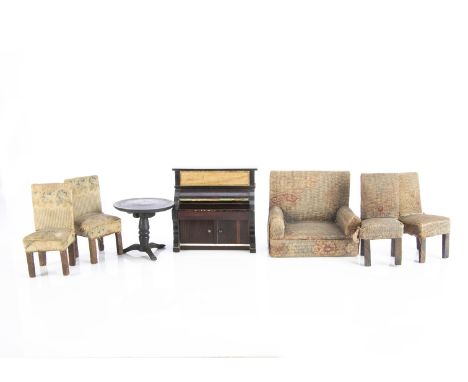 A Waltershausen dolls’ house upright piano, with working keys —4¼in. (11cm.) high (key lid loose); a turned and black painted