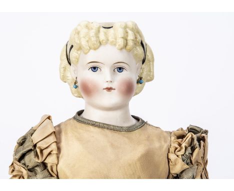 An Alt Beck &amp; Gottschalck bisque shoulder-head doll,  with blue painted eyes, red eyelid line, ears pierced into head, bl