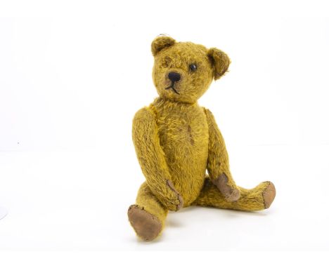 A 1920s Schuco yes/no teddy bear, with golden mohair, pronounced muzzle, black stitched nose, mouth and claws, tail-operated 