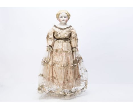 An Alt Beck &amp; Gottschalck 1028 bisque shoulder-head doll, with blue painted eyes, moulded and painted blonde hair, centre