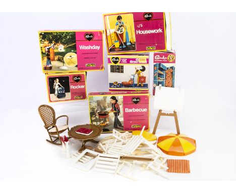 Pedigree Sindy doll's  accessories,  Housework, Barbecue, Washday, Rocker, Airport Trolley and Luggage and Wardrobe Trunk (bo