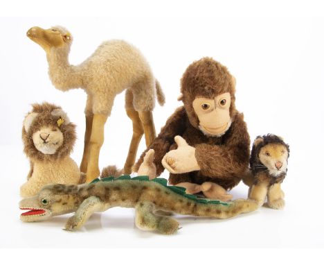 Five Steiff post-war wild animals,  comprising a jointed Jocko Chimpanzee —10in. (25cm.) high (slight holes in hands); a drom