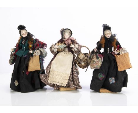 Three amusing artist doll Victorian ladies,  two bag ladies and a home produce seller with painted wooden heads, wool hair, d