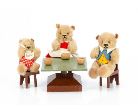 A rare Chad Valley set of The Three Bears, all with light brown mohair, clear and black glass eyes with brown painted backs, 