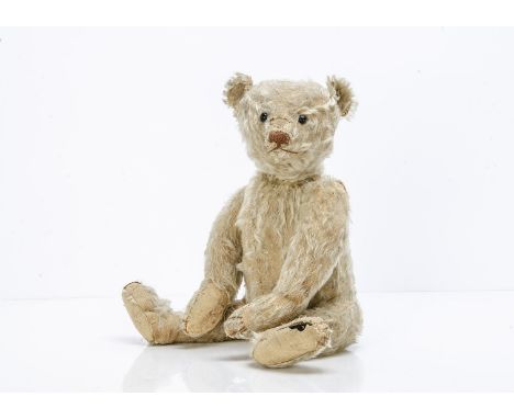 An early Bing white mohair teddy bear circa 1910, with black boot button eyes, pronounced clipped muzzle, restitched brown no