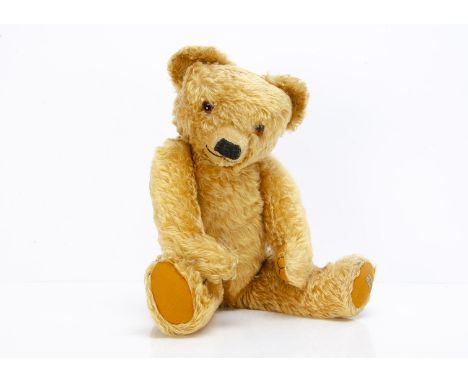 A fine 1930s Merrythought teddy bear,  with bright golden mohair, orange and black glass eyes, black stitched nose, mouth, fe