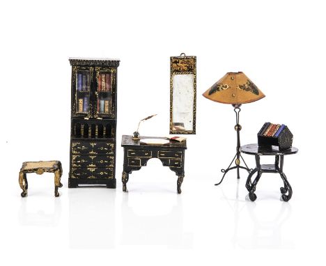 A rare group of Westacre Chinoiserie black lacquered dolls’ house furniture,  wood and papier-mâché comprising a desk —2½in. 