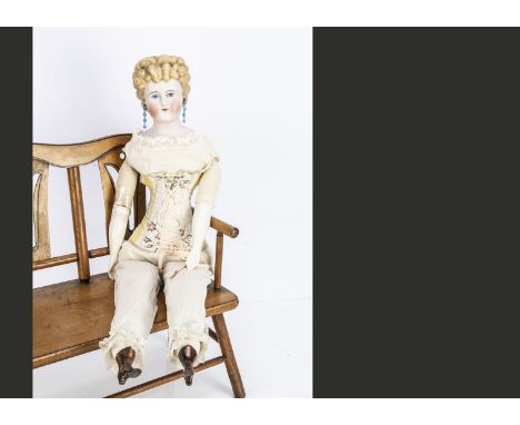 An Alt Beck &amp; Gottschalck bisque shoulder head lady doll,  with blonde painted upward glancing eyes, red eyelid line, lig