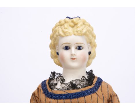 A rare Alt Beck &amp; Gottschalck bisque shoulder-head glass eyed lady doll,  with fixed blue glass striated eyes, painted fe