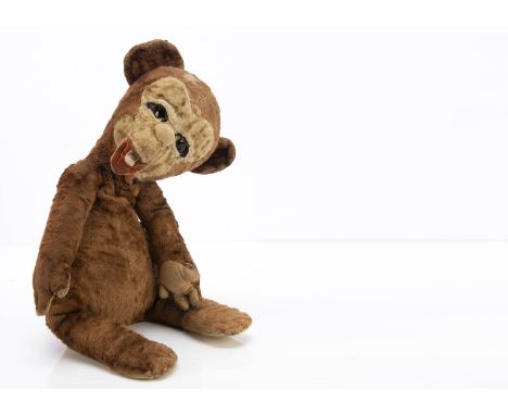 A very rare Merrythought Teddy Doofings teddy bear circa 1937,  with brown and white artificial silk plush, large inset orang