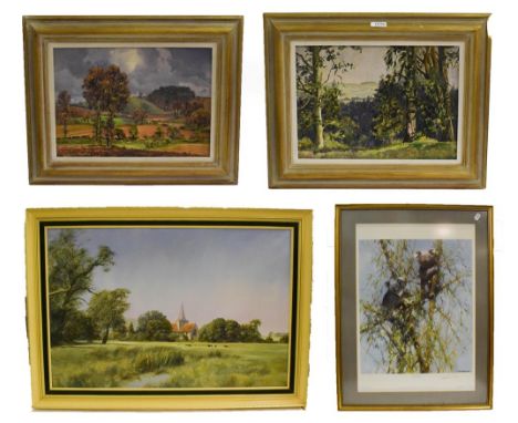Michael Morris (b.1938) Alfriston Church, signed oil on canvas, 49cm by 75cm, together with a ltd edition David Shepherd prin