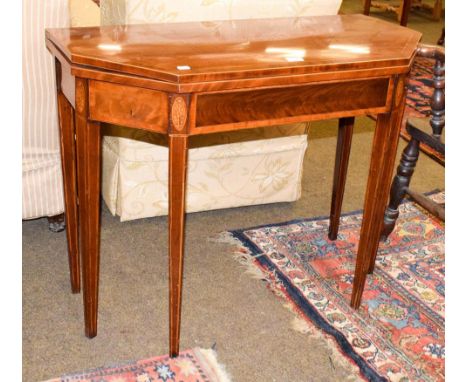 A 19th century mahogany inlaid fold-over card table, 91cm by 45cm by 73cm