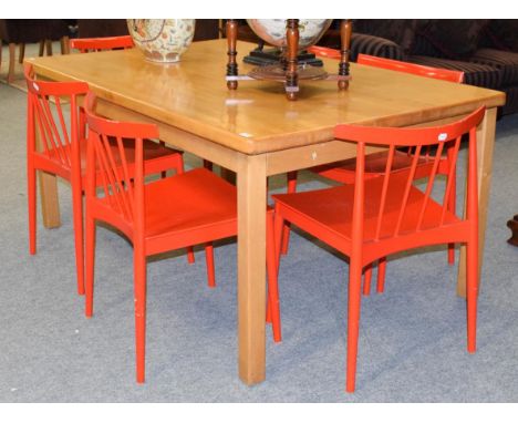 A set of six Spanish red stick back chairs bearing label Andreu World, together with a beech kitchen table (7)