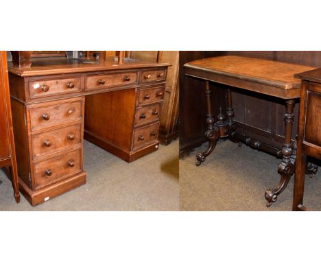 A Victorian mahogany twin pedestal desk, 126cm by 65cm by 78cm, together with a Victorian burr walnut window table with turne