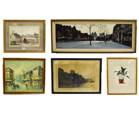 A quantity of pictures and prints, including a oil on panel street scene circa 1970's, coloured print of Middleham, (5)