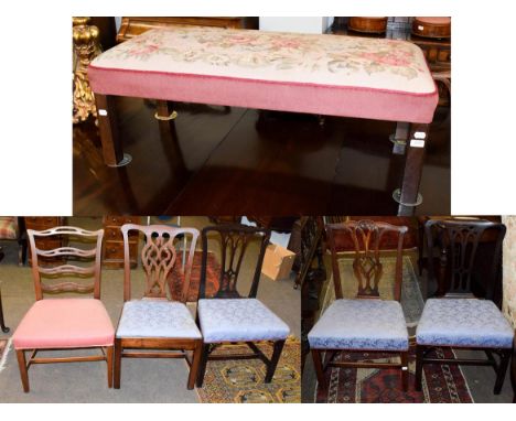 Five matched mahogany dining chairs, together with a modern woolwork tapestry rectangular shaped stool, 112cm by 49cm by 42cm