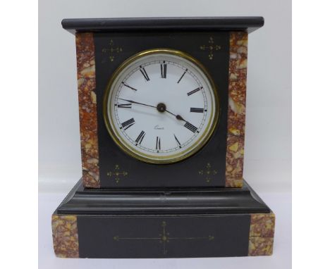A slate mantel clock with replacement dial, 19.5cm