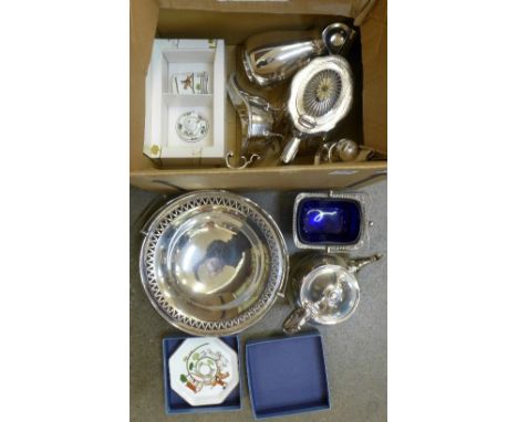 Seven items of plated ware and Wedgwood Hunting Scenes china, a Christmas pot and a dish