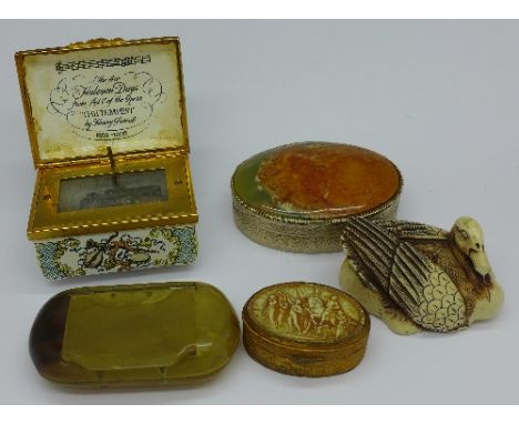 A Halcyon Days Enamels limited edition musical pill box, snuff and other trinket pots, etc.