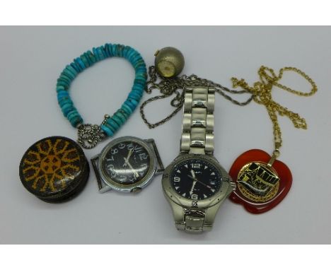 A Sarcar Geneve ball pendant watch, Sekonda and Timex wristwatches, jewellery and a Tonbridgeware pill box