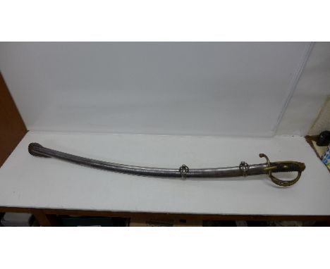 A 19th Century French heavy cavalry sword, the blade marked Klingenthal 1813, with scabbard