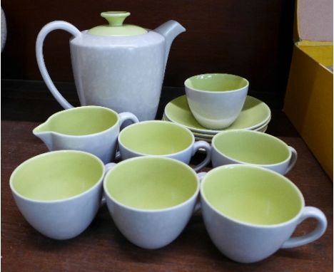 A Poole Pottery six setting coffee service, (one cup missing), lime green and pale grey colourway